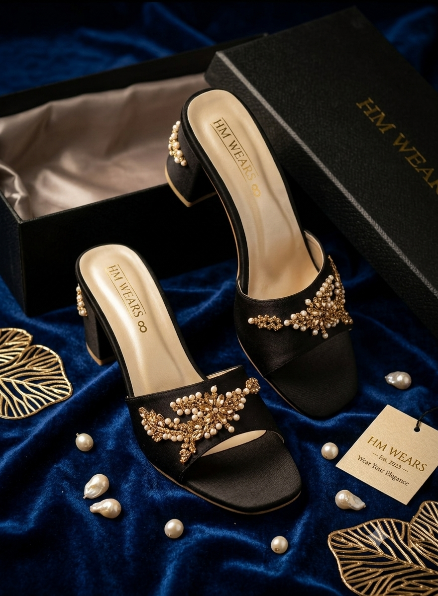 BLACK FANCY HEEL SLIPPERS LADIES HM-115