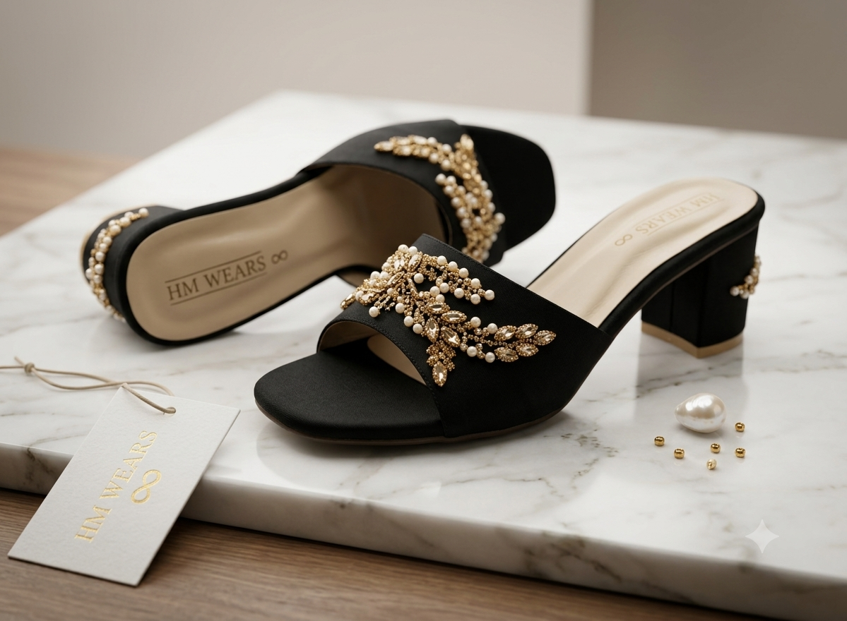 BLACK FANCY HEEL SLIPPERS LADIES HM-115