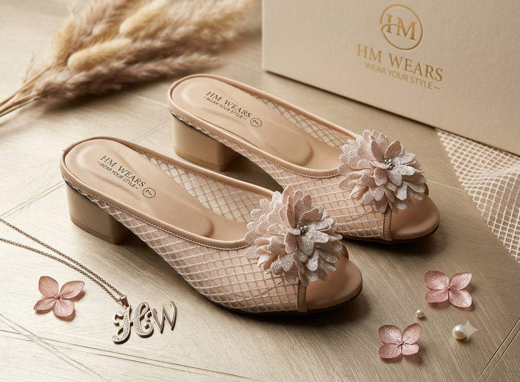 CREAM JALI HEEL SLIPPERS LADIES HM-118