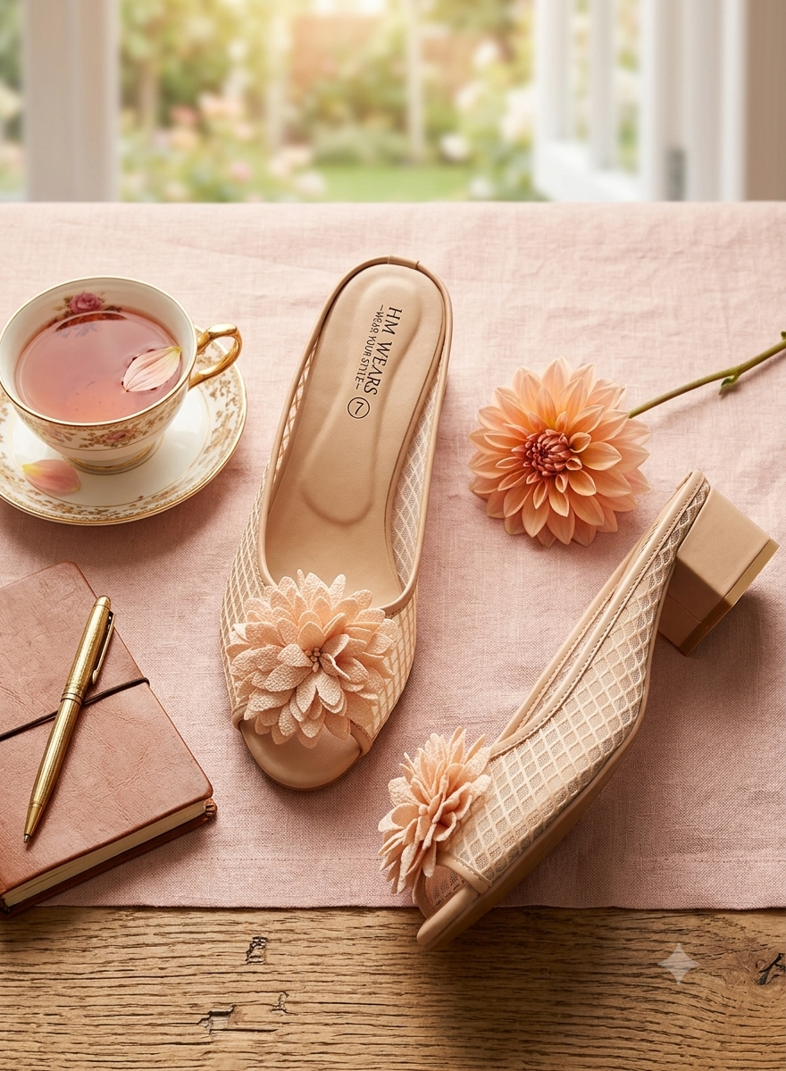 CREAM JALI HEEL SLIPPERS LADIES HM-118