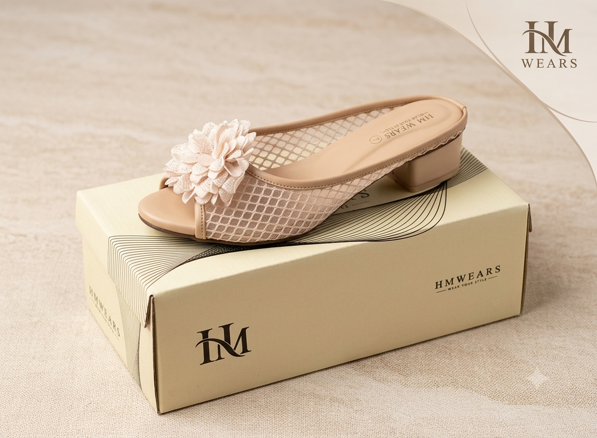 CREAM JALI HEEL SLIPPERS LADIES HM-118